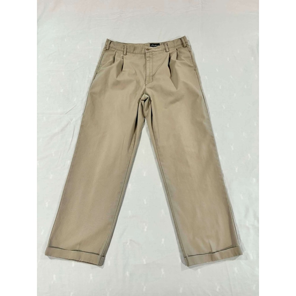 Eddie Bauer Mens Khaki Pleated Chino Pants Relaxed Fit Wrinkle Resistant 40 Tall
